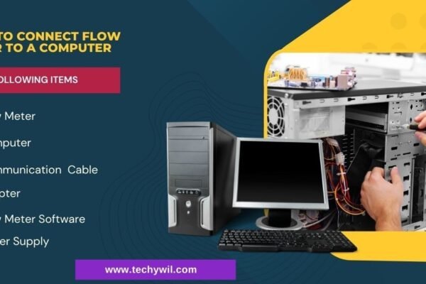 Steps to connect flow meter to a computer with necessary items such as flow meter, computer, communication cable, adapter, software, and power supply