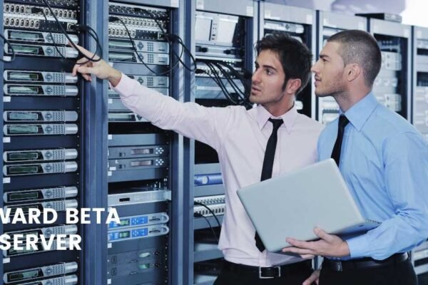 Two IT professionals managing server racks in a data center, optimizing the Hayward Beta Web Server for performance