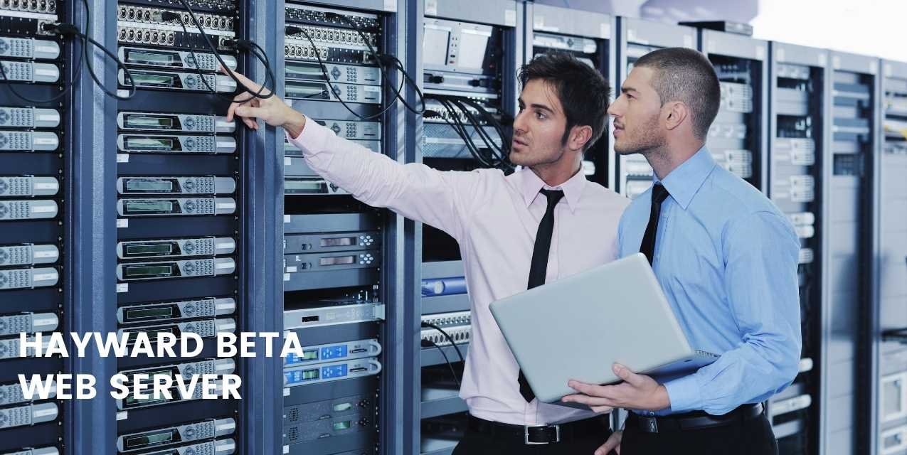 Two IT professionals managing server racks in a data center, optimizing the Hayward Beta Web Server for performance