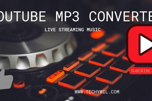 An image featuring a DJ mixer with illuminated buttons in the background. Overlaid text reads 'YouTube MP3 Converter' and 'Live Streaming Music,' along with a large play button icon resembling YouTube's logo, a subscribe button, and a like icon. The URL www.techywil.com is displayed at the bottom