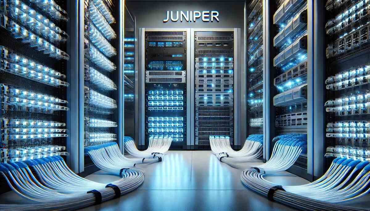 High-tech data center featuring the best Juniper fiber optic cable setup with glowing blue cables connecting servers for seamless high-speed networking