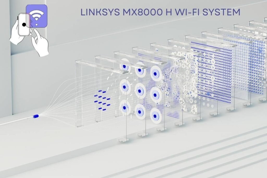 Linksys MX8000 H Wi-Fi System showcasing advanced wireless connectivity through a futuristic design