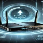 A futuristic representation of the Linksys E2500 V3 router featuring firmware upgrade capabilities and advanced technology visuals