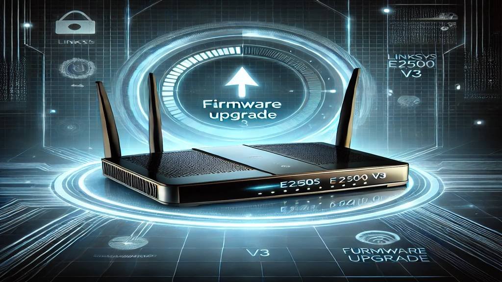 A futuristic representation of the Linksys E2500 V3 router featuring firmware upgrade capabilities and advanced technology visuals