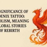 Phoenix tattoo symbolism cover image showing a fiery red bird and bold title text on a beige background representing rebirth and strength.