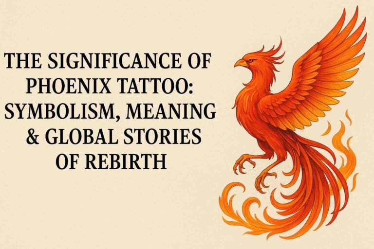 Phoenix tattoo symbolism cover image showing a fiery red bird and bold title text on a beige background representing rebirth and strength.
