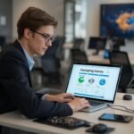 Business professional using a laptop for Managing Money Bizfusionworks financial planning.