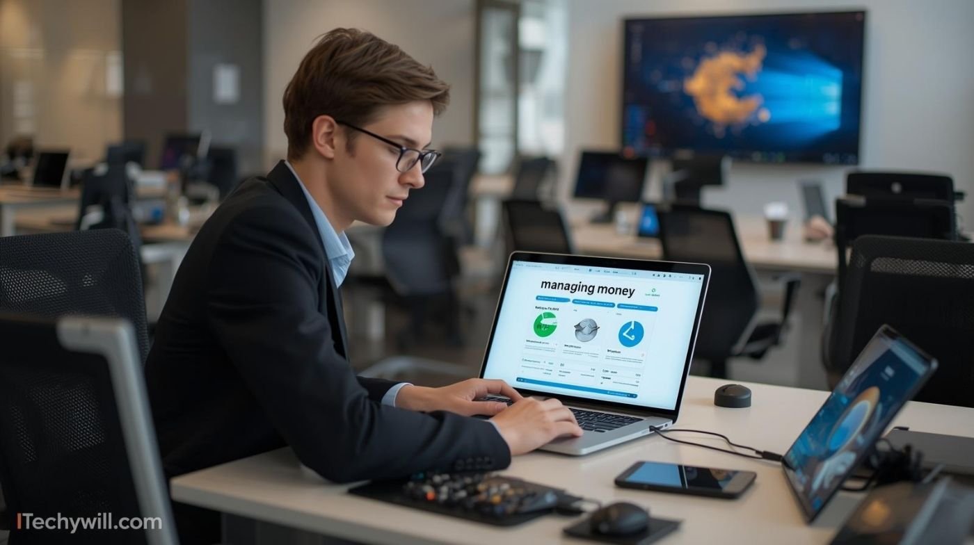 Business professional using a laptop for Managing Money Bizfusionworks financial planning.
