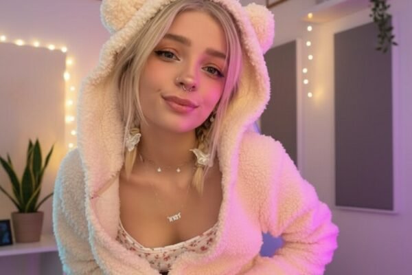 A young woman in cozy hoodie posing indoors with soft lights, styled for Babyfooji Photos Albums Zip theme