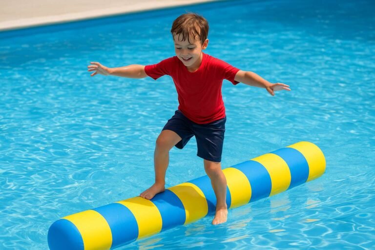 A smiling young boy balances on a blue and yellow log roller in the pool, enjoying a sunny summer day.