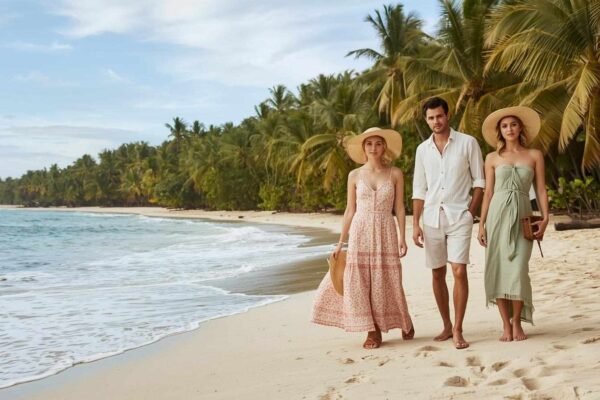 Chloe and Halle spotted with Jonah at Reduit Beach, walking barefoot on the sand surrounded by palm trees and ocean waves.
