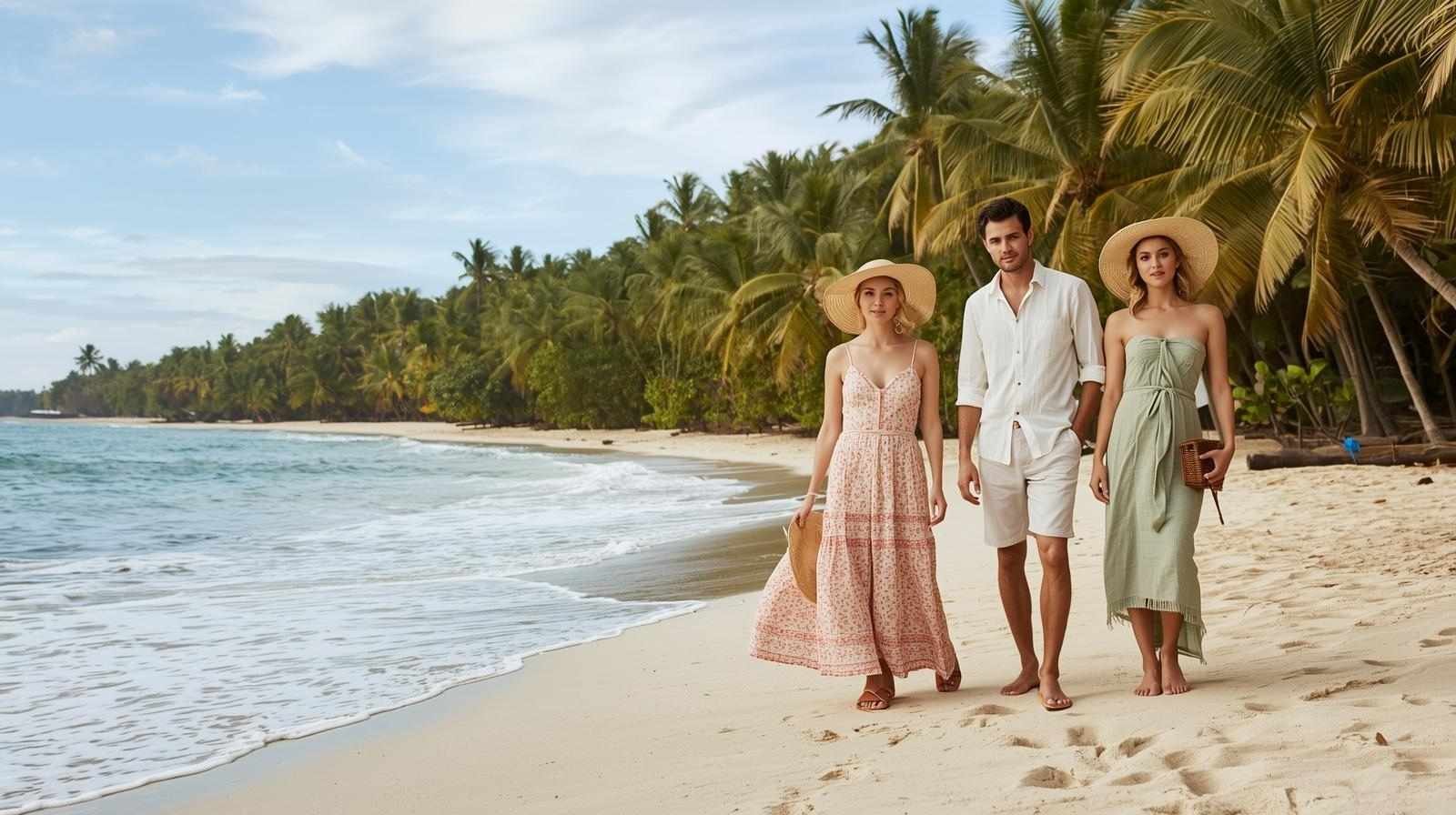 Chloe and Halle spotted with Jonah at Reduit Beach, walking barefoot on the sand surrounded by palm trees and ocean waves.