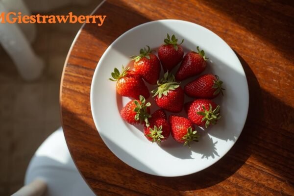 Fresh red strawberries on a white plate with sunlight – OMGiestrawberry food trend