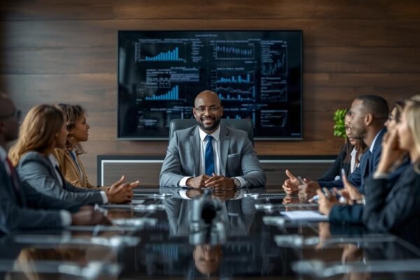 Business leader Odor Victor Ayiri leading a corporate meeting with executives in a modern boardroom