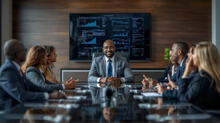 Business leader Odor Victor Ayiri leading a corporate meeting with executives in a modern boardroom
