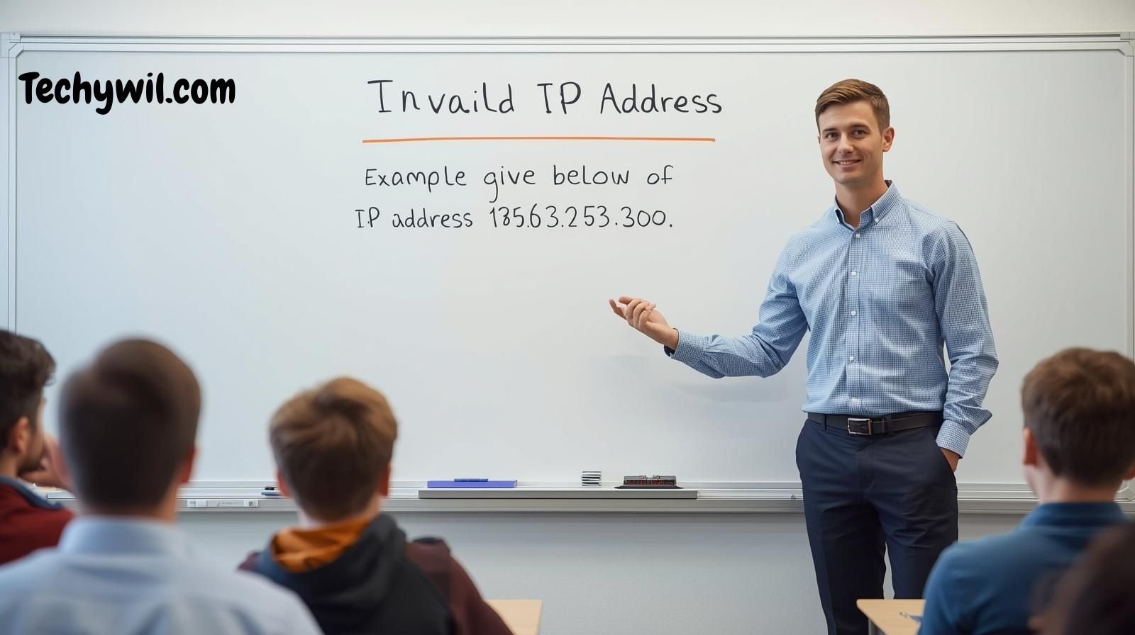 Teacher explaining why 185.63.253.300 is an invalid IP address to students in a classroom