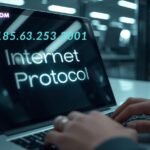 Laptop screen showing “Internet Protocol” with IP address 185.63.253.2001 for network and cybersecurity reference
