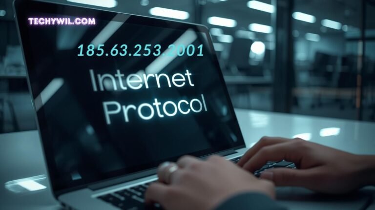 Laptop screen showing “Internet Protocol” with IP address 185.63.253.2001 for network and cybersecurity reference