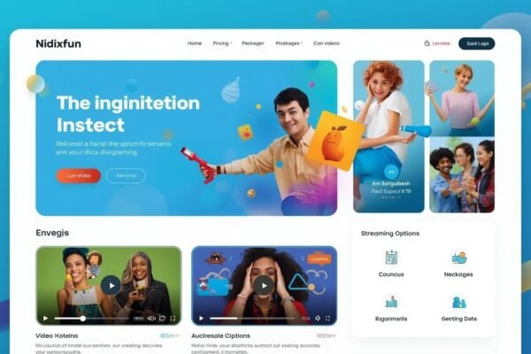 Homepage interface of nidixfun showcasing colorful design, video previews, and streaming options.