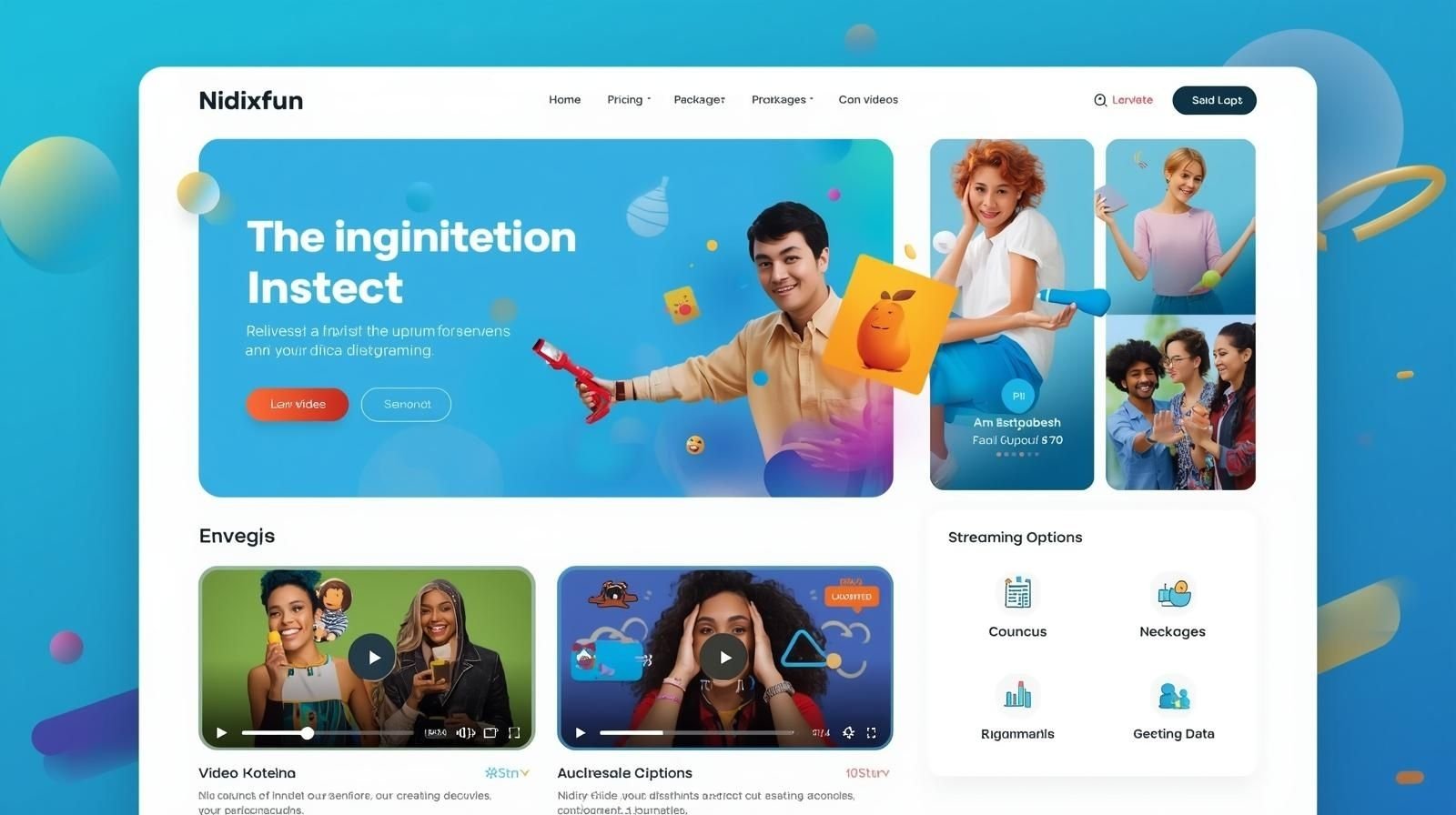 Homepage interface of nidixfun showcasing colorful design, video previews, and streaming options.