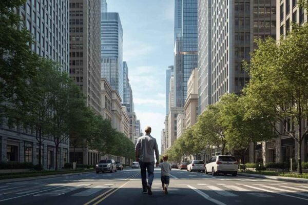 Father walking with john carbahal's son ryan in a modern city street surrounded by tall buildings and green trees.