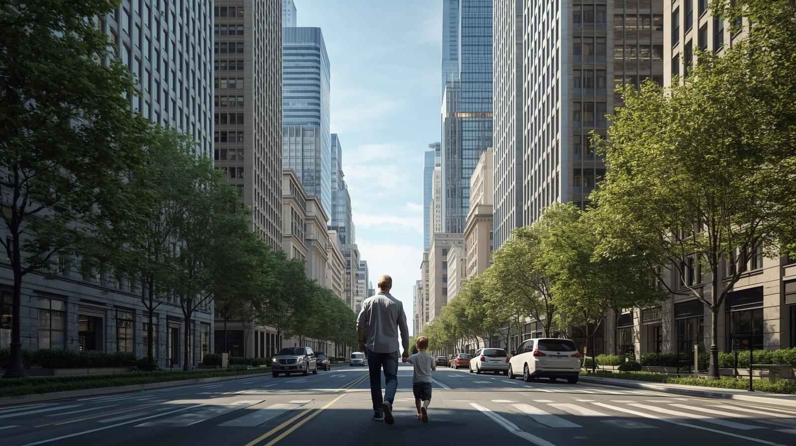 Father walking with john carbahal's son ryan in a modern city street surrounded by tall buildings and green trees.