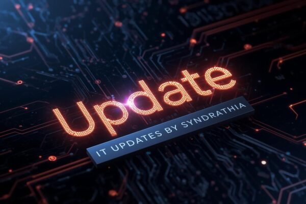 Digital background with glowing text showing IT Updates by Syndrathia