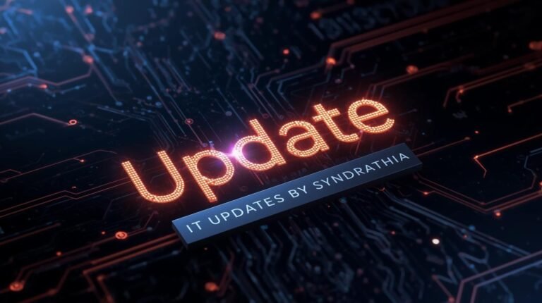 Digital background with glowing text showing IT Updates by Syndrathia