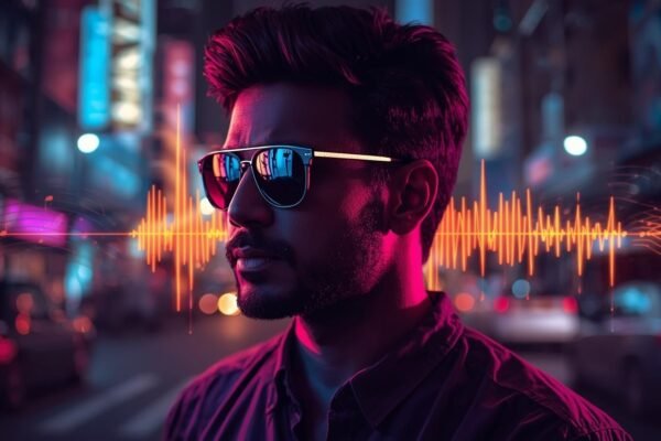 Alt text: Stylish man wearing sunglasses at night with neon city lights, representing The Valiant Thieves I Wear My Sunglasses at Night Lyrics.