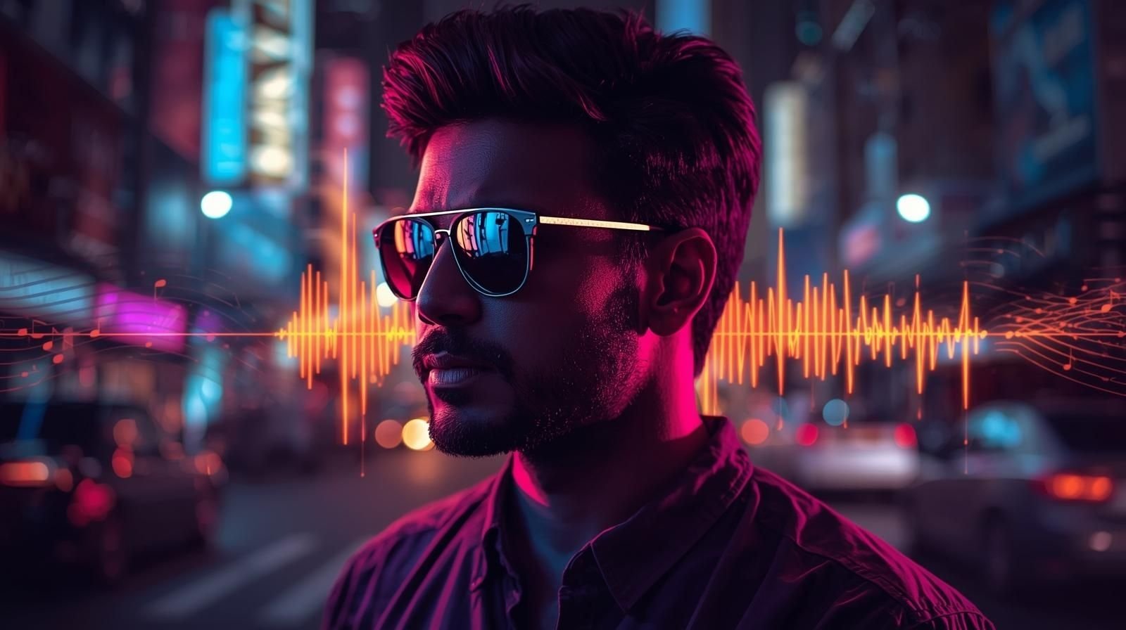 Alt text: Stylish man wearing sunglasses at night with neon city lights, representing The Valiant Thieves I Wear My Sunglasses at Night Lyrics.