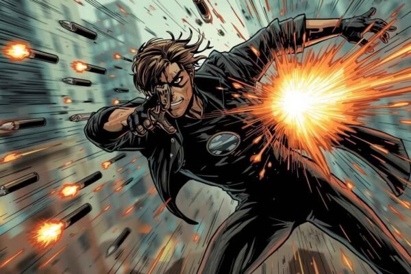 Illustration of Vonkleric the person who can dodge bullets in action, skillfully evading gunfire with speed and agility.