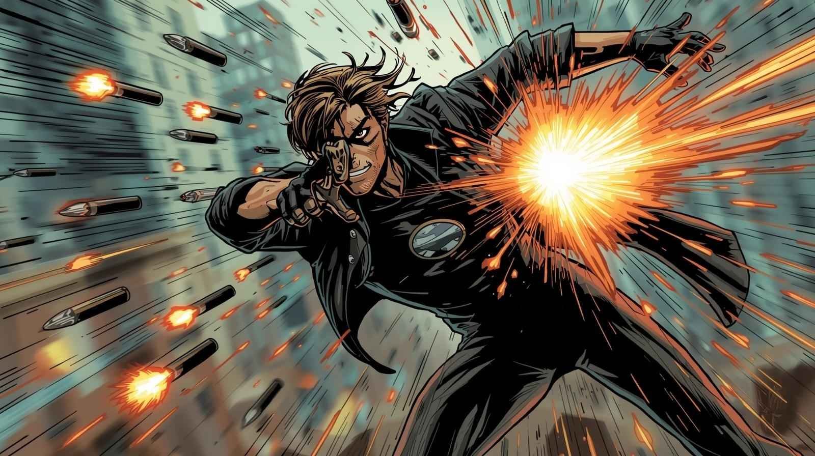 Illustration of Vonkleric the person who can dodge bullets in action, skillfully evading gunfire with speed and agility.