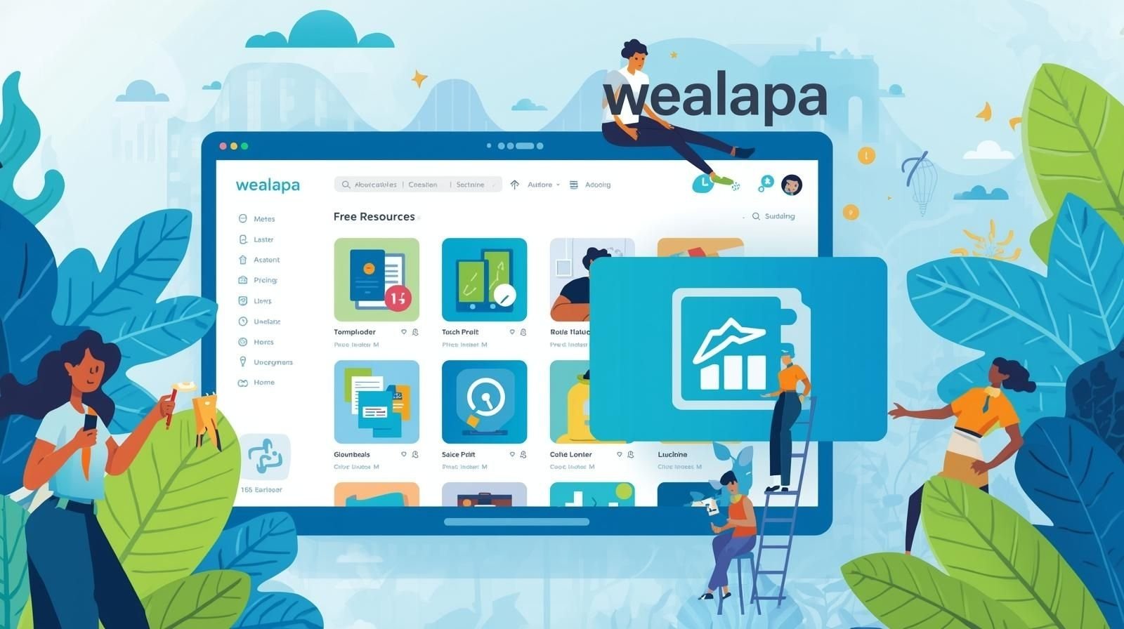 Illustration of people exploring free online resources on the Wealapa platform