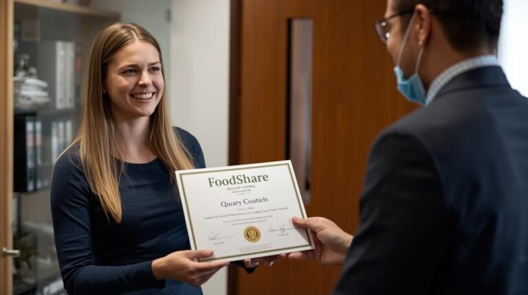 Woman receiving a FoodShare quality control certificate during Wisconsin program oversight, linked to the query wisconsin foodshare quality control katie sepnieski