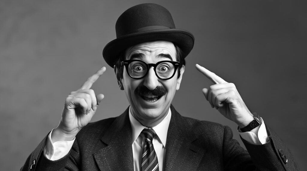 KS Fraiser inspired by Groucho Marx wearing cap and thinking