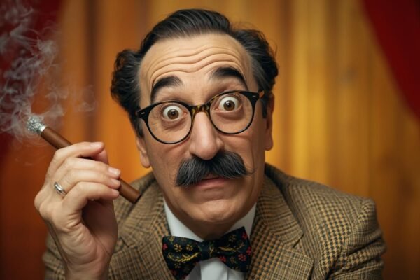 KS Fraiser inspired by Groucho Marx holding cigar with iconic glasses and mustache.