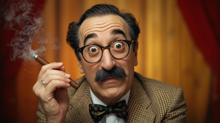 KS Fraiser inspired by Groucho Marx holding cigar with iconic glasses and mustache.