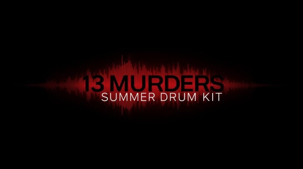 Minimalist album cover with bold typography “13 Murders Summer Drum Kit,” black background, red glowing drum pattern, and futuristic graphic design style.
