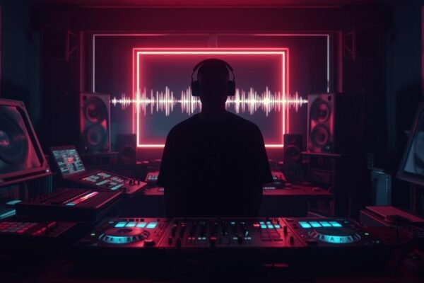 Faceless music producer in neon-lit studio with glowing drum pads and sound equipment, symbolizing the dark trap energy of the 13 Murders Summer Drum Kit.