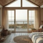 Serene coastal accomodations at sunrise with cozy seaside cottage, natural light, ocean view, and minimal modern coastal design.