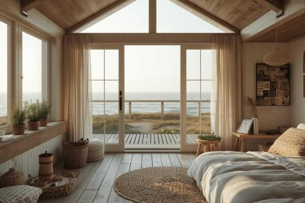 Where Comfort Meets the Coast: Thoughtful Accommodations for Every Traveller Serene coastal accomodations at sunrise with cozy seaside cottage, natural light, ocean view, and minimal modern coastal design.