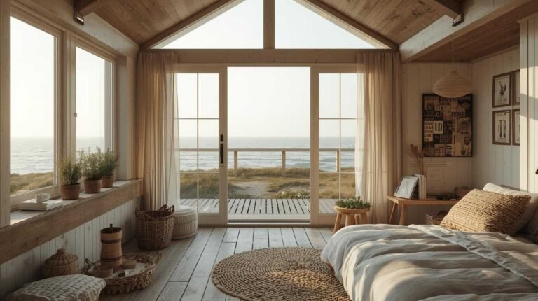 Serene coastal accomodations at sunrise with cozy seaside cottage, natural light, ocean view, and minimal modern coastal design.