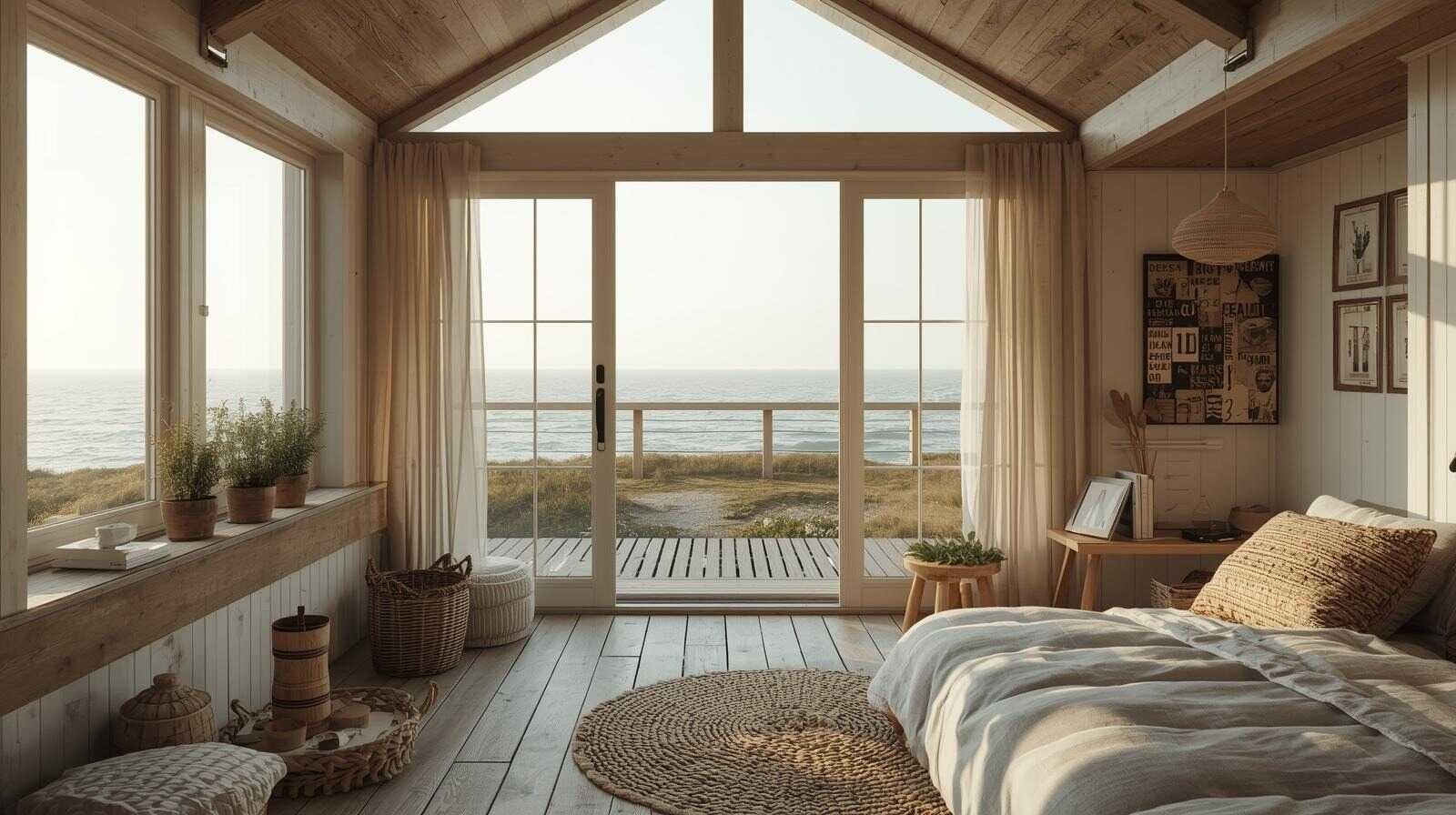 Serene coastal accomodations at sunrise with cozy seaside cottage, natural light, ocean view, and minimal modern coastal design.