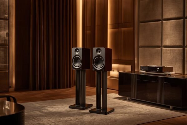 Borresen X1 standmount loudspeakers in a luxurious modern listening room with warm lighting and premium audio setup
