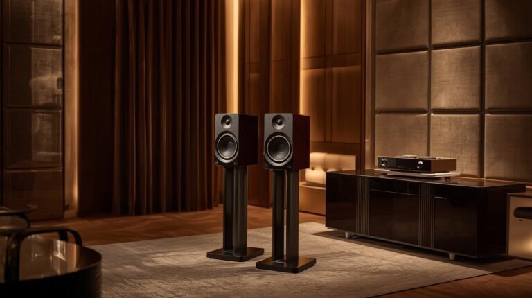 Borresen X1 standmount loudspeakers in a luxurious modern listening room with warm lighting and premium audio setup