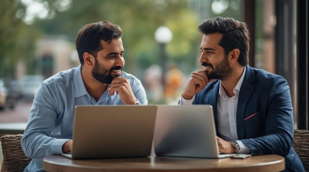 Two real estate agents in Austin café discussing website leads and performance, symbolizing agentcarrot atx bogus reviews topic.