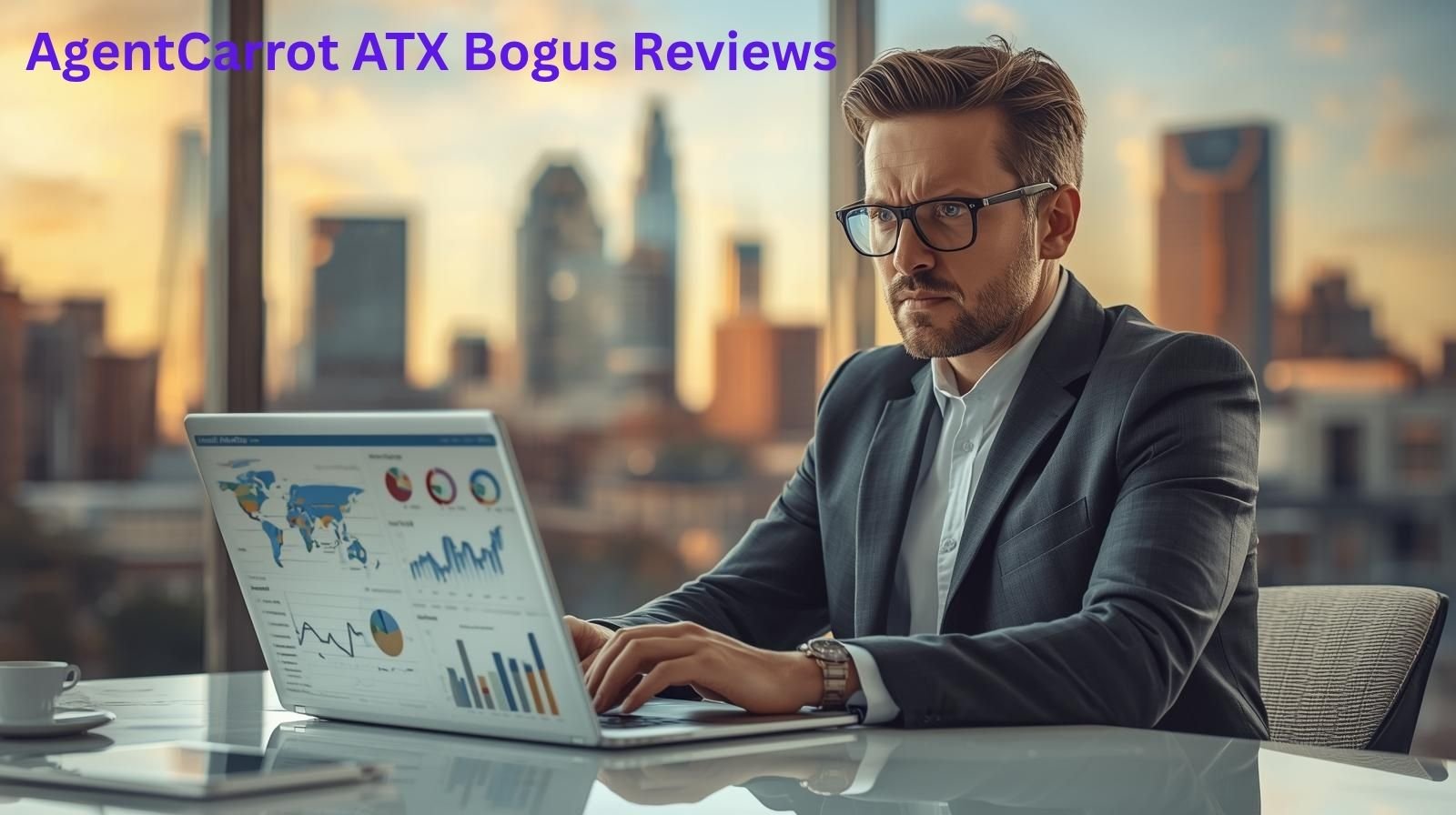 Focused real estate agent analyzing online data for agentcarrot atx bogus reviews in modern Austin office setting.