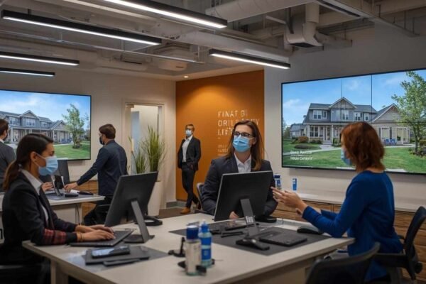 Brookfield Residential team working with masks during coronavirus pandemic in a modern office setting