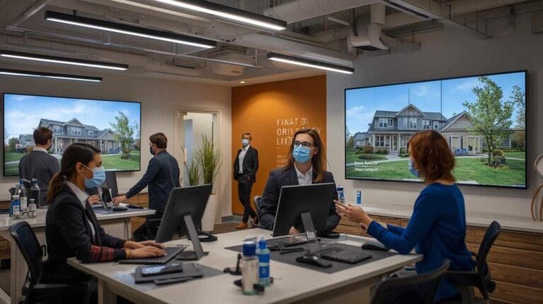 Brookfield Residential team working with masks during coronavirus pandemic in a modern office setting