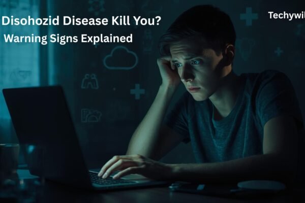 A worried young man researching online in a dark room, illuminated by a laptop screen, symbolizing anxiety about illness and asking can disohozid disease kill you.